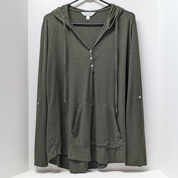 Market & Spruce 'Salvatrice' Hooded Henley Roll Tab Knit Top in Olive - Picture 3 of 13